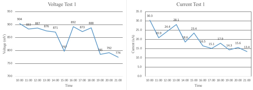 Graph: Voltage (mV) over Time showing readings from 10:00 to 21:00