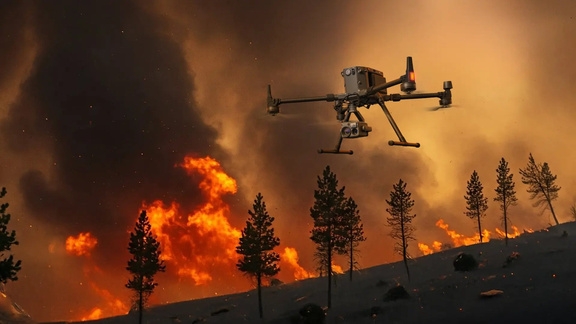 Image: Drone flying over forest monitoring fires